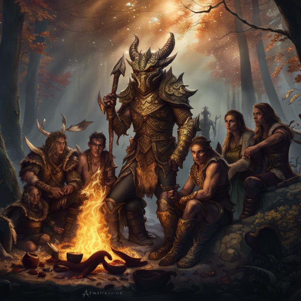 Dragonborn Barbarian and Friends in Forest Camp