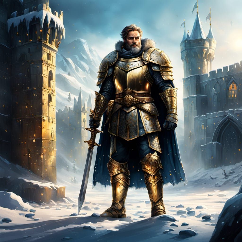 Golden Winter Stronghold: Knights Stand Guard in Splendid Ca...