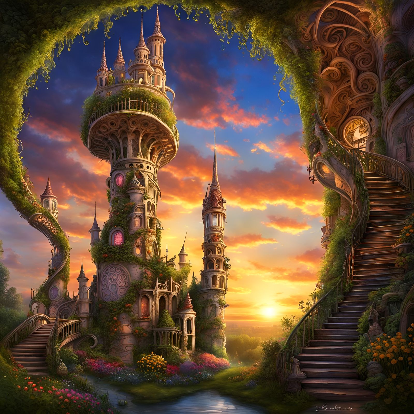 Fantastical Fairy Towers at Sunset with Light Bloom