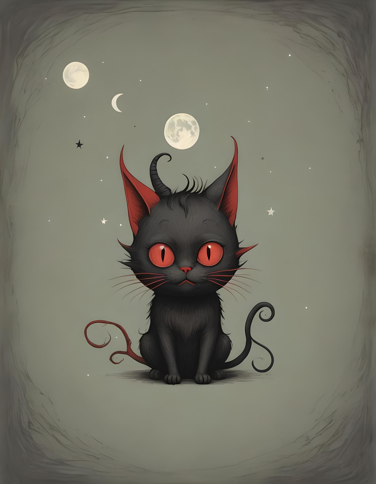 Cute Red Devil Under Full Moon in Pastel Style