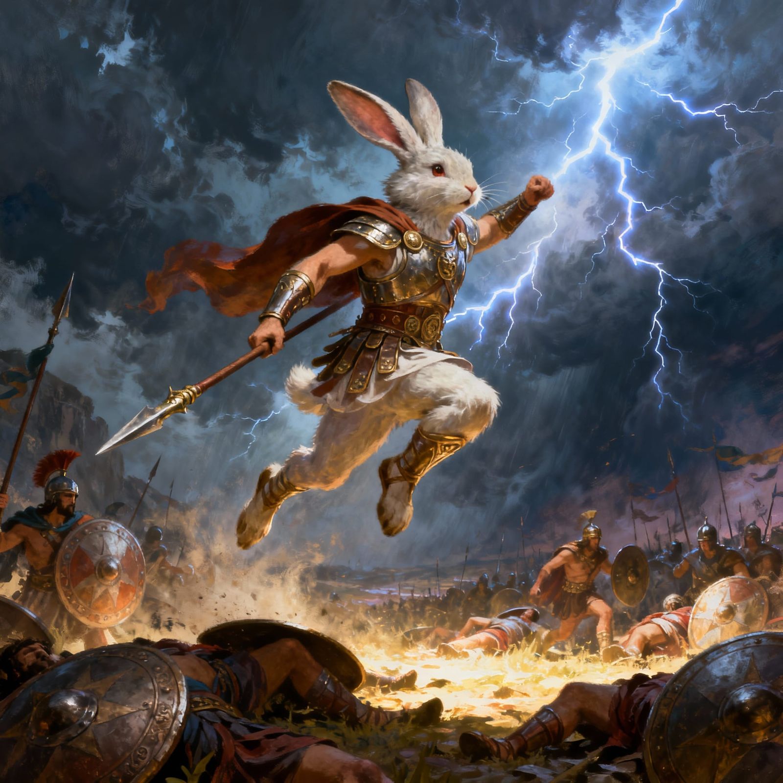 Mythical Rabbit Warrior in Epic Greek Battle Scene