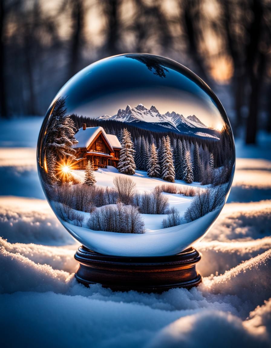 Hyperrealistic Winter Landscape in Crystal Ball