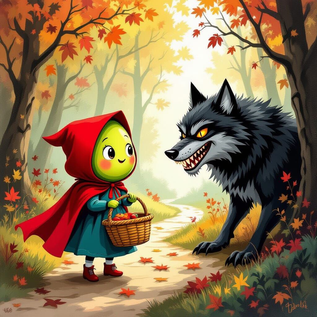 Avocado as Little Red Riding Hood Meets Halloween Wolf