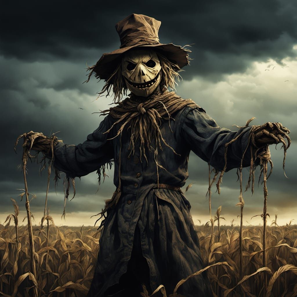 Eerie Scarecrow in Abandoned Field: Horror Concept Art