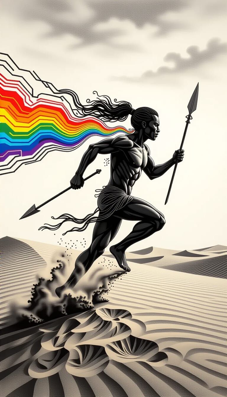 Figure of Swirling Lines Runs Up Sand Dune in Charcoal