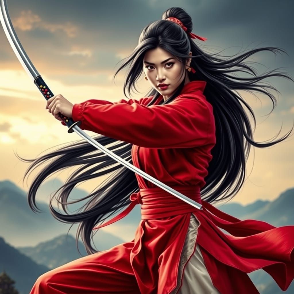 Sword-Wielding Female Warrior in Traditional Red Attire