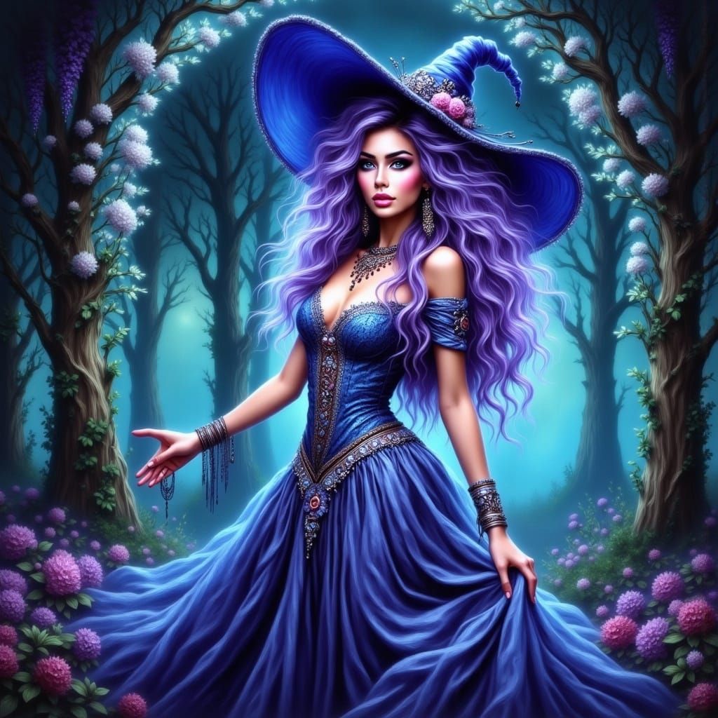 Mystical Pin-Up Woman with Purple Hair, Digital Painting