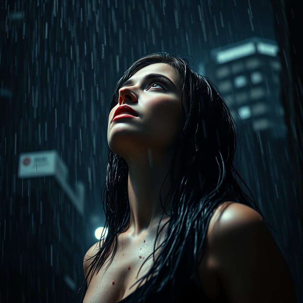 Woman in Torrential Downpour, Gritty Cityscape