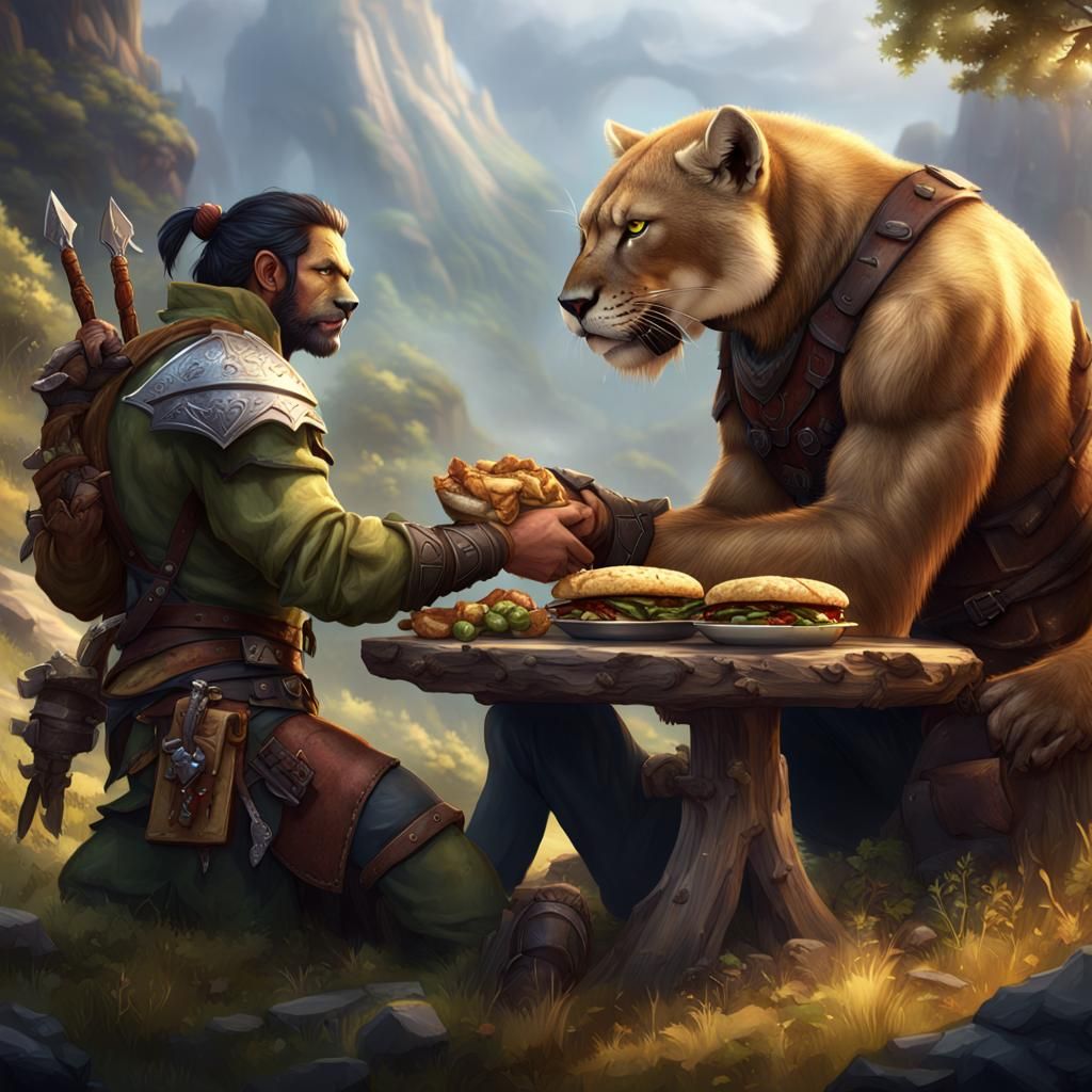 Half-Orc Ranger Shares Lunch with Mountain Lion