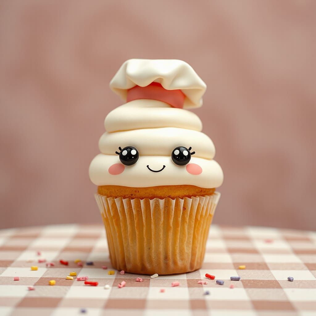 Adorable Cupcake with Chef Hat in Kawaii Style