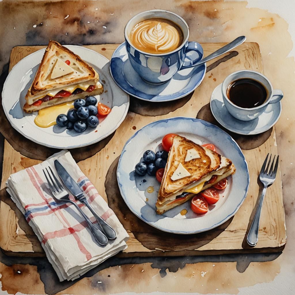 Cheese Toast, Muffin, and Coffee: Watercolour Still Life