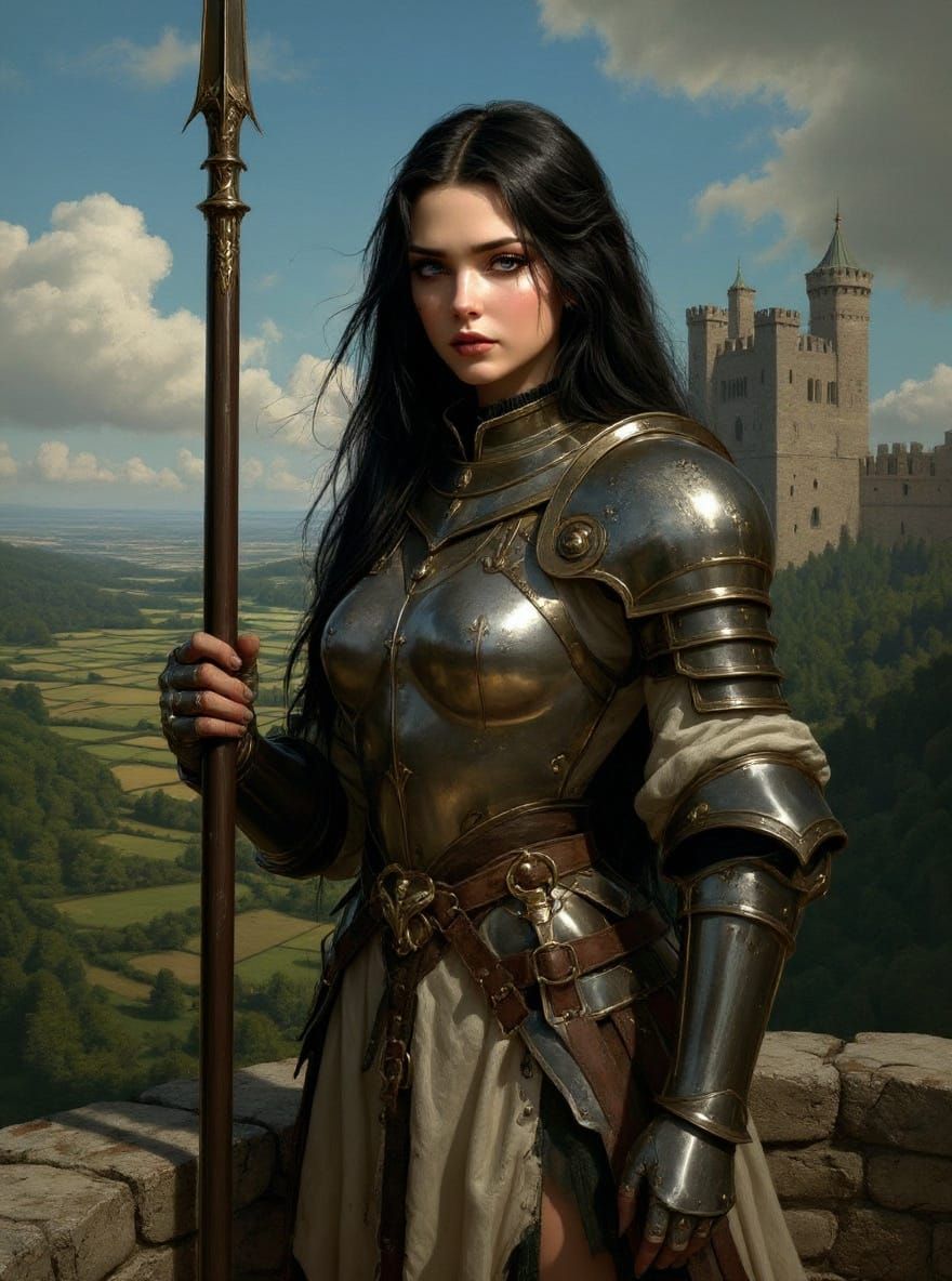 Female Knight with Lance on Castle Ramparts