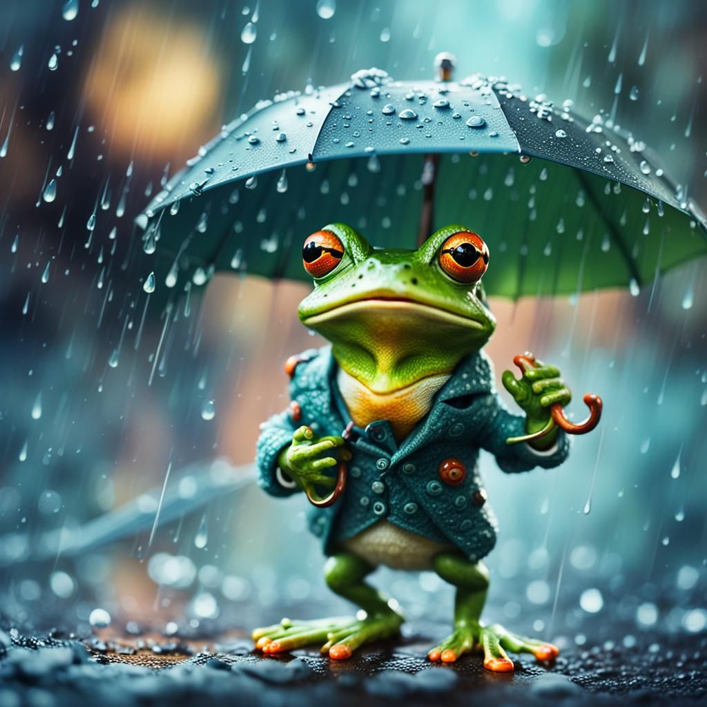 Anthropomorphic Frog on Rainy Day in Tilt-Shift Macro