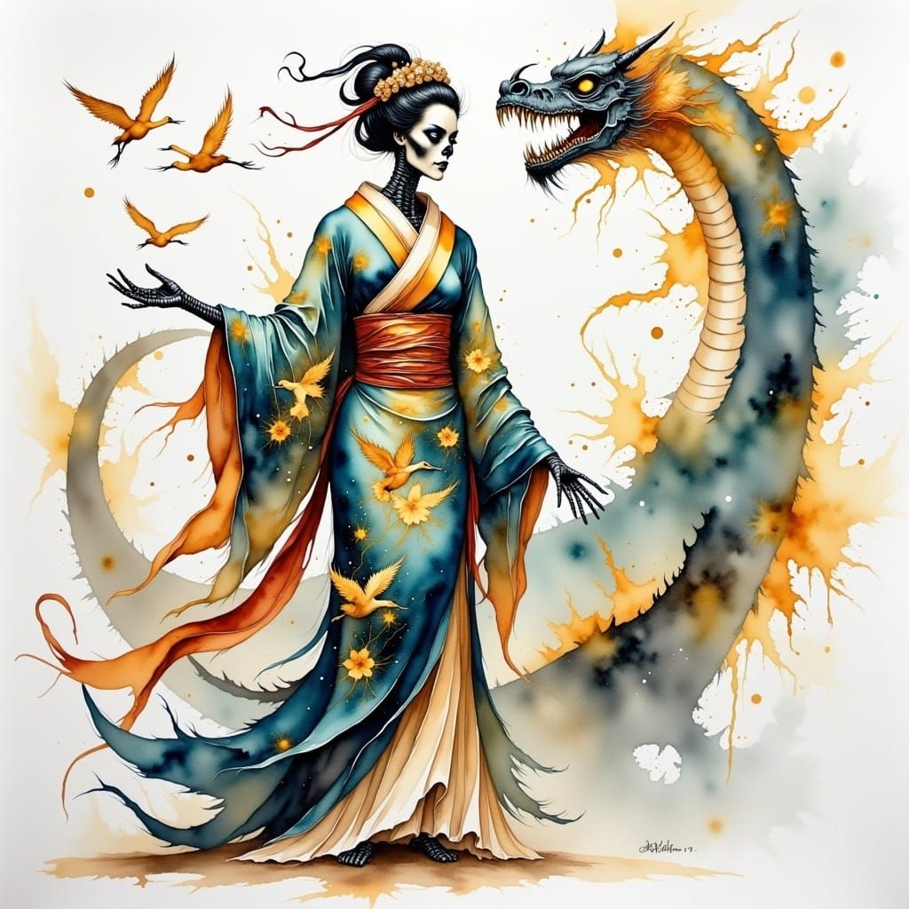 Ethereal Skeleton Geisha vs Spectral Dragon: Ukiyo-e Style