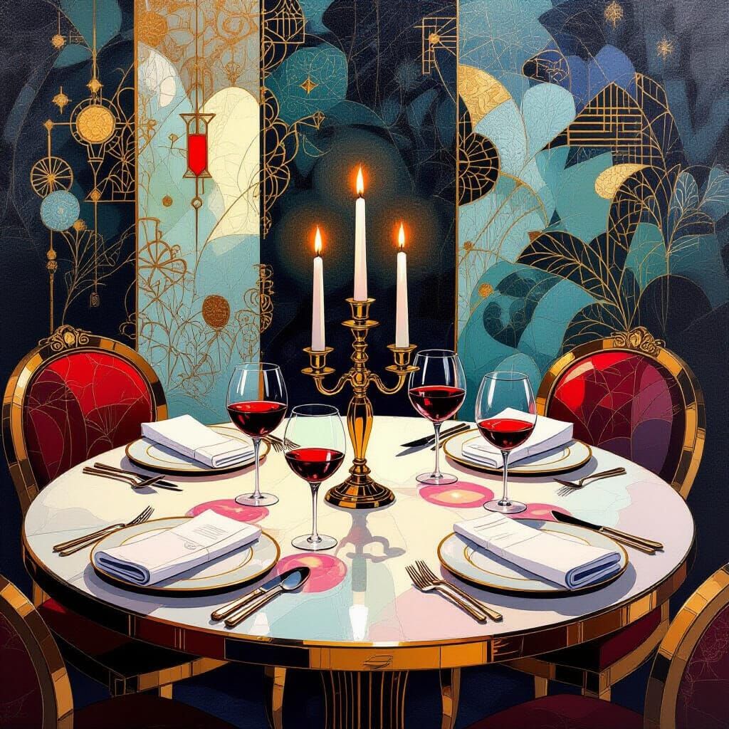 Art Deco Table with Candlelight Dinner in Alcohol Inks