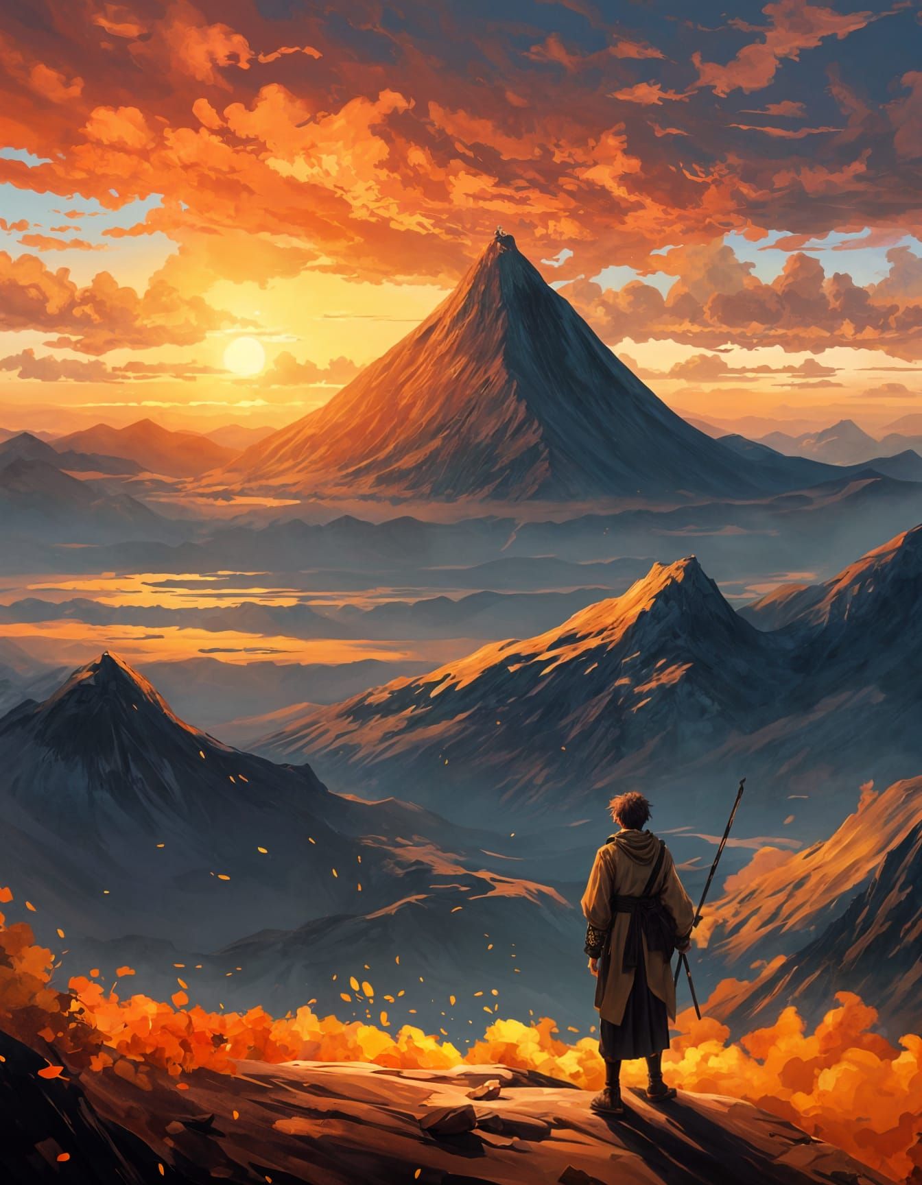 Anime Ninja on Mountain Cliff at Sunrise