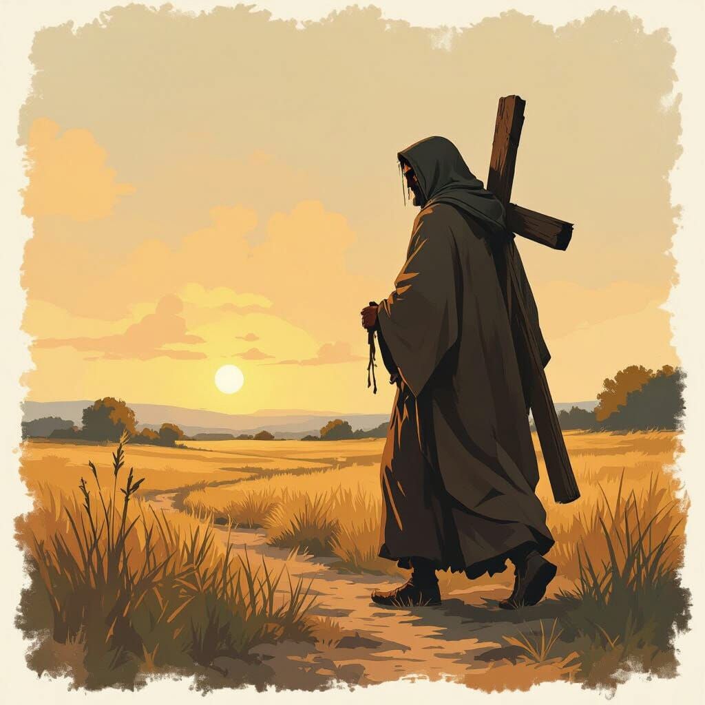 Figure with Cross in Golden Landscape, Expressive Art