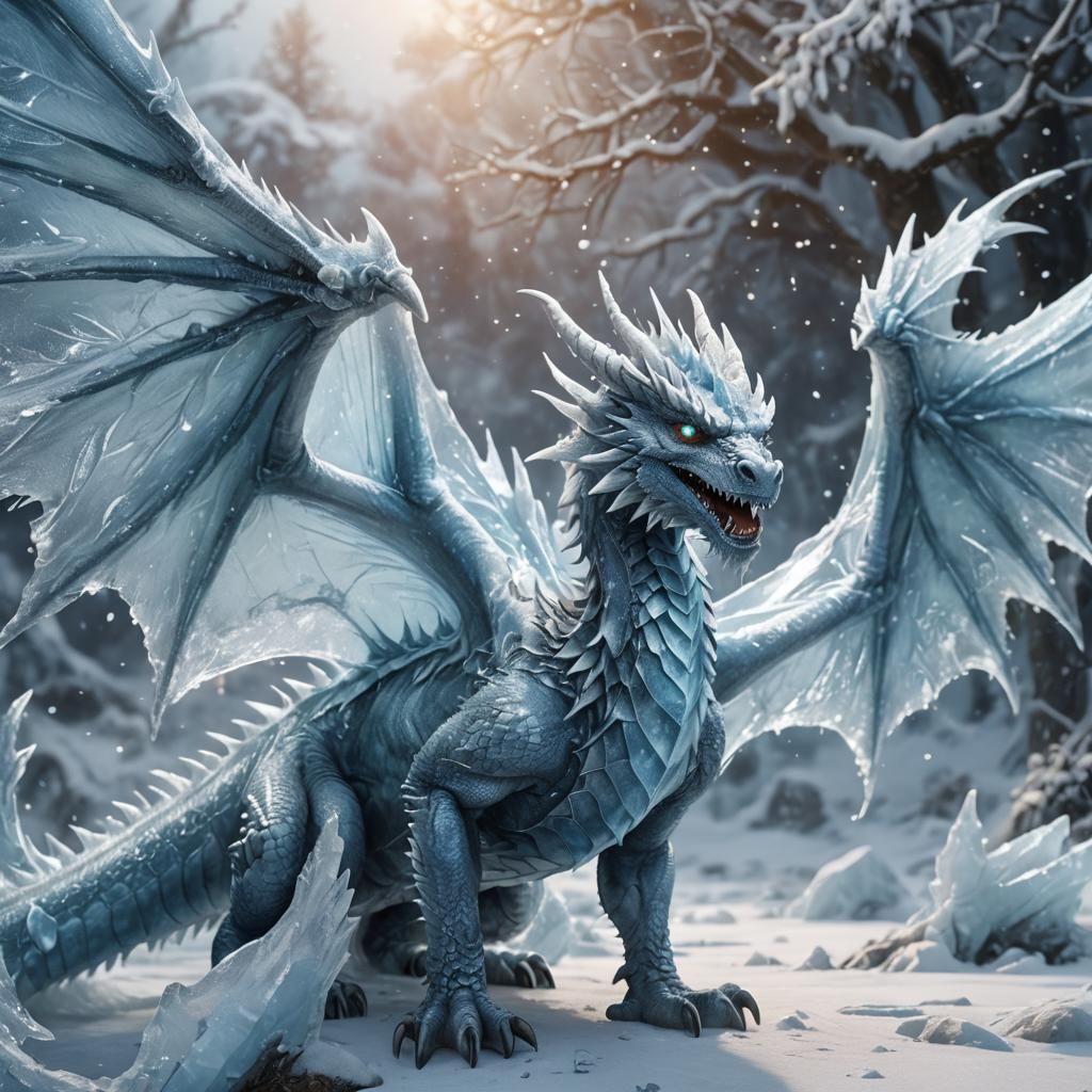 Icy Dragon Roaring in Winter Landscape