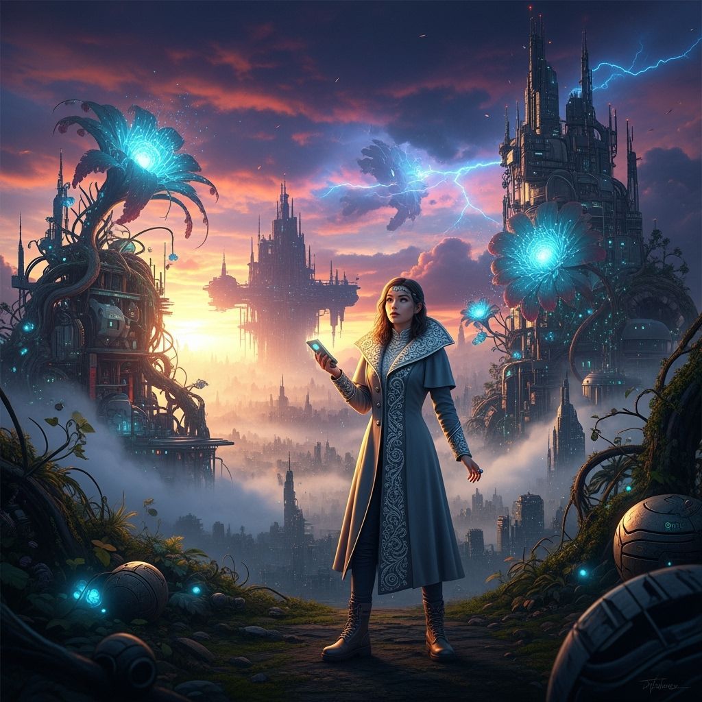 Woman in Surreal Landscape, Retro-Futuristic Style