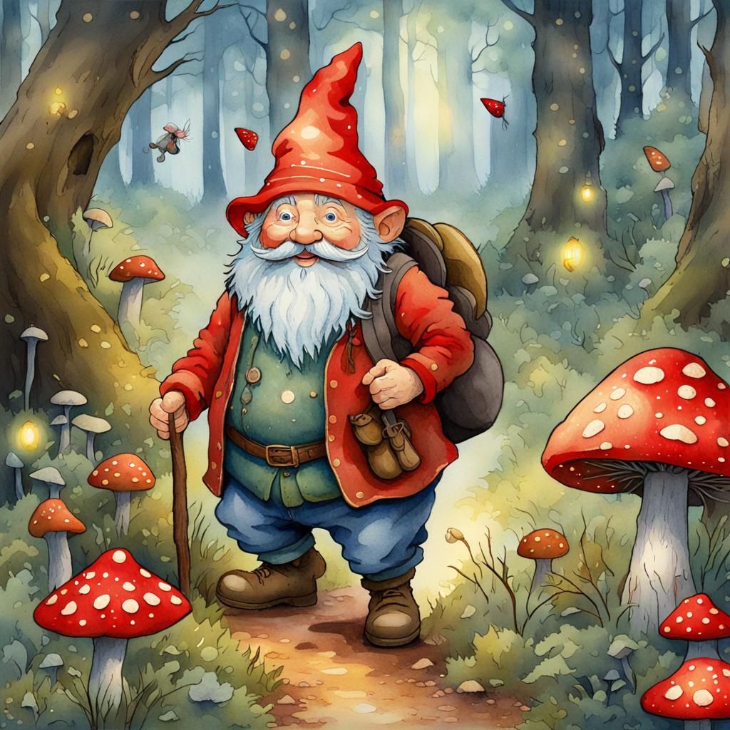 Traveling Gnome in Magical Forest, Watercolor Art