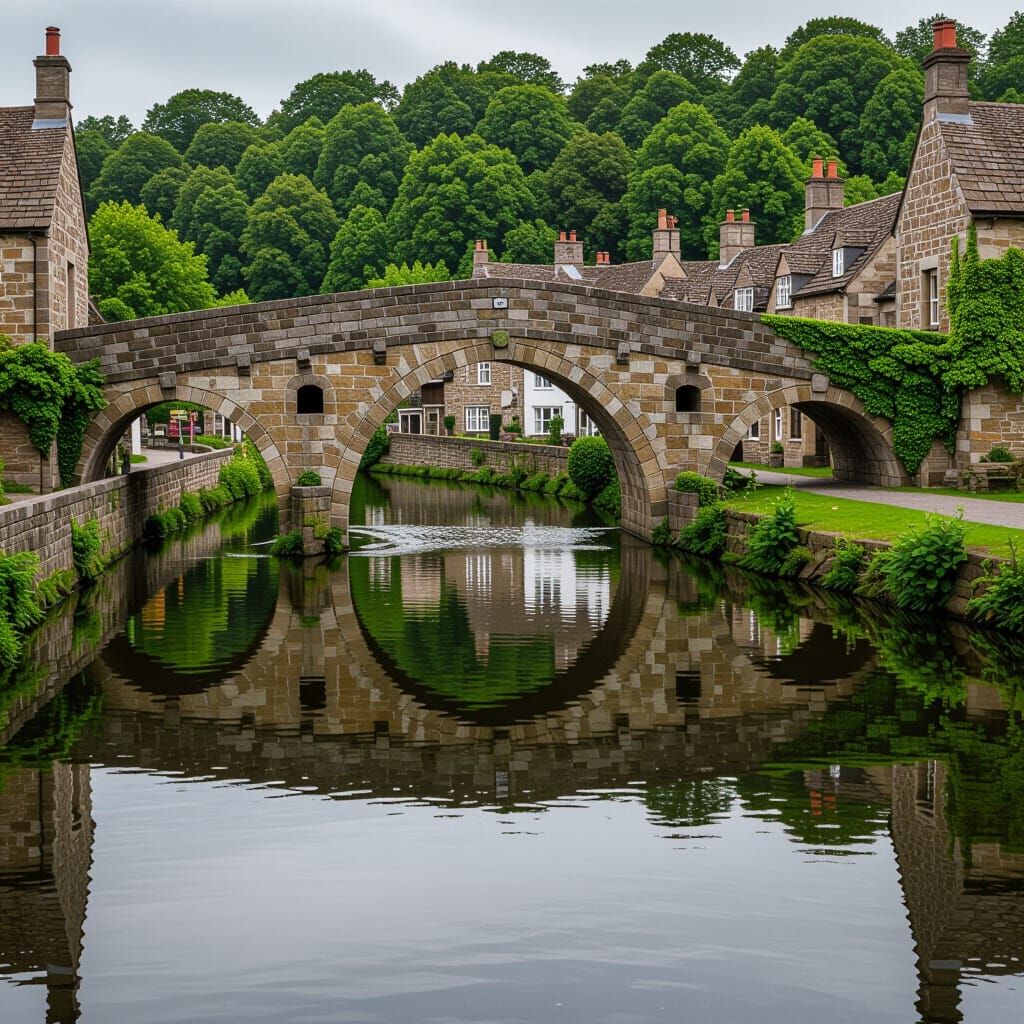 Medieval Stone Bridge Over River With Village