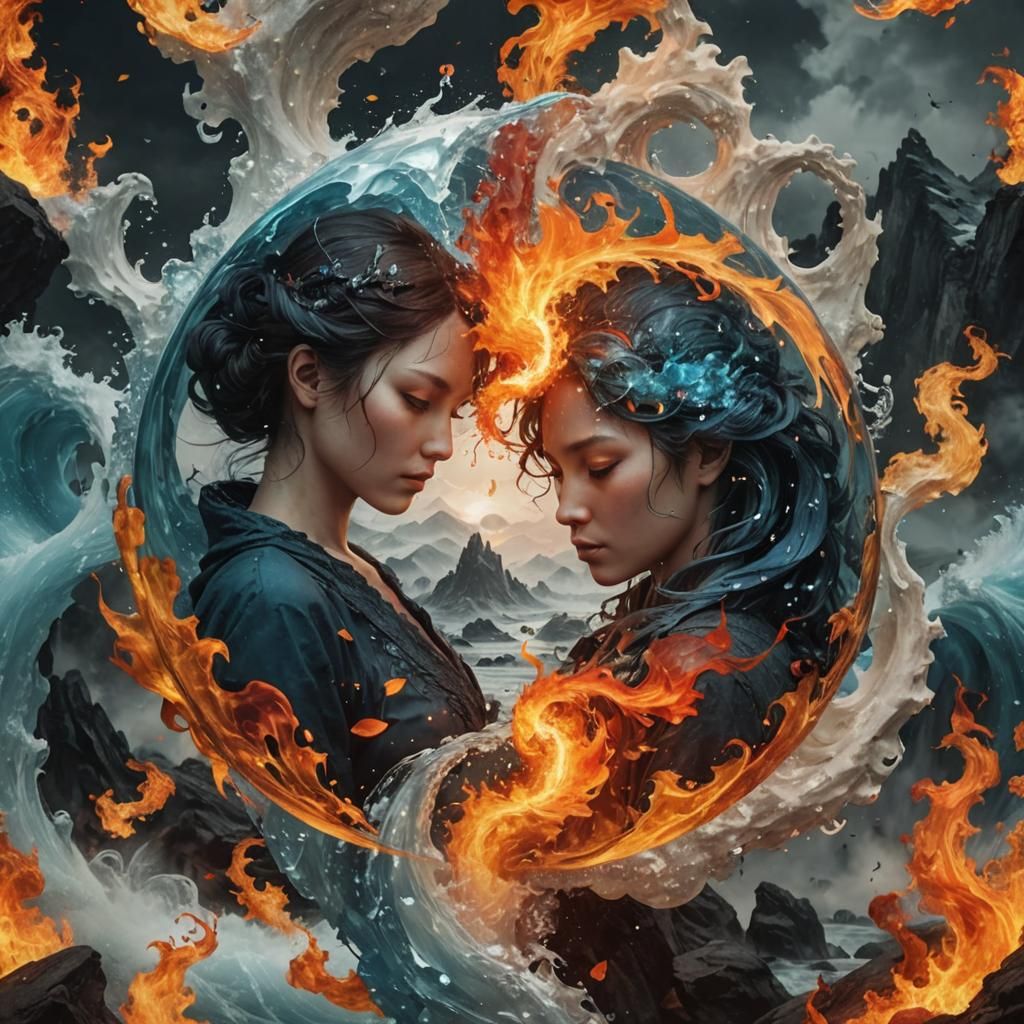 Fire and Ice Yin Yang: Fantasycore Collage Art