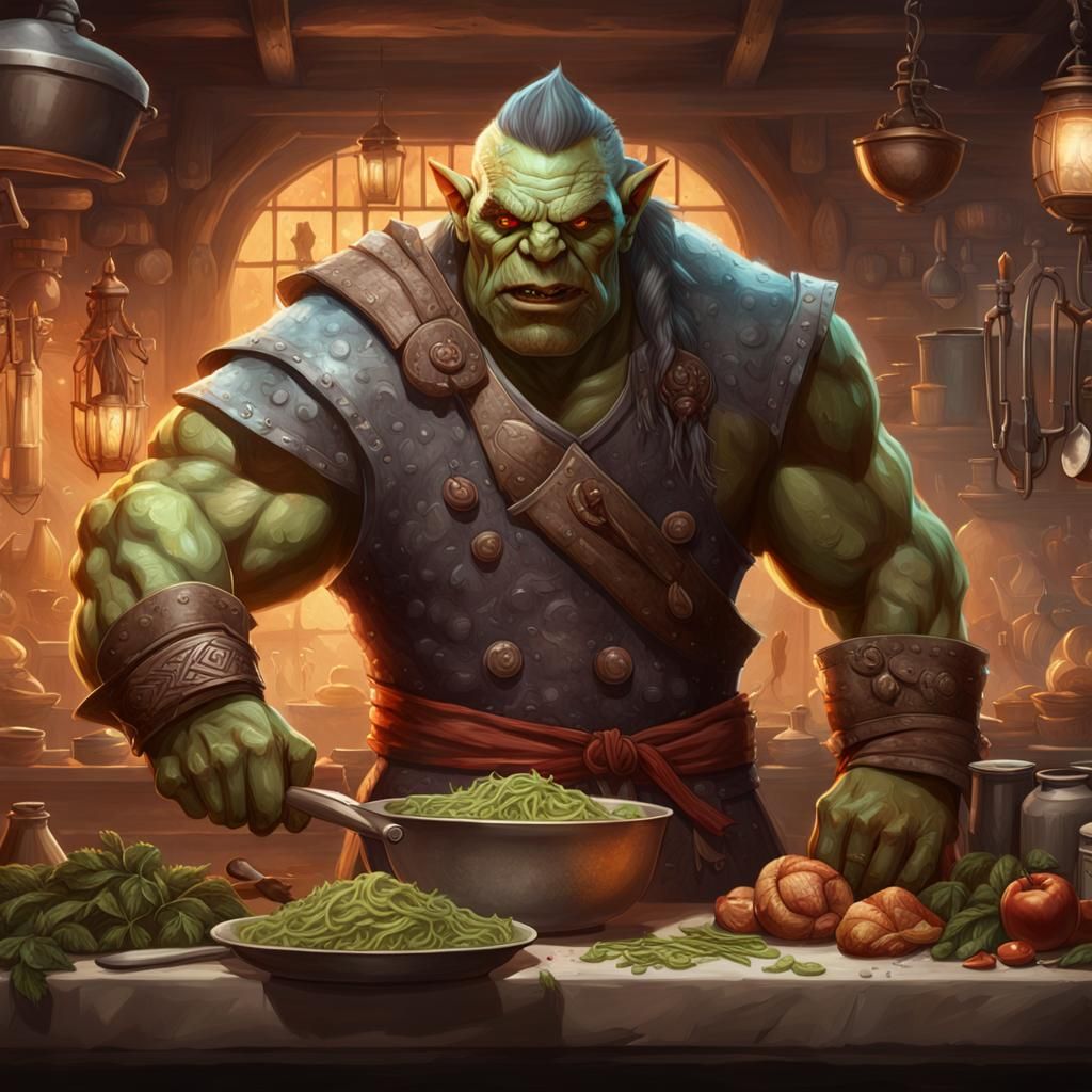 Orc Barbarian Chef Portrait in Kitchen