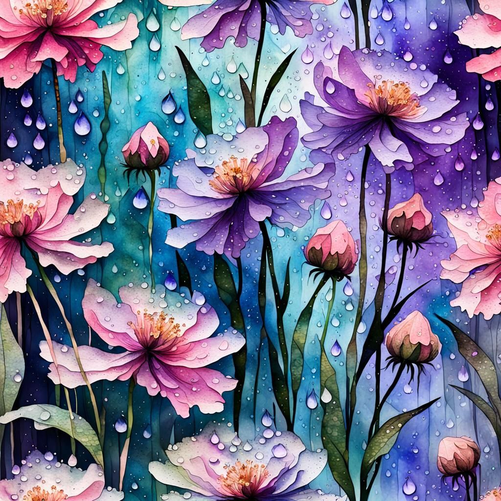 Dark Sage Abstract Alcohol Ink Splatter Flowers, Numerous Light Pink and Violet 3d Geum Flowers, Old 3d Textured Papyrus...