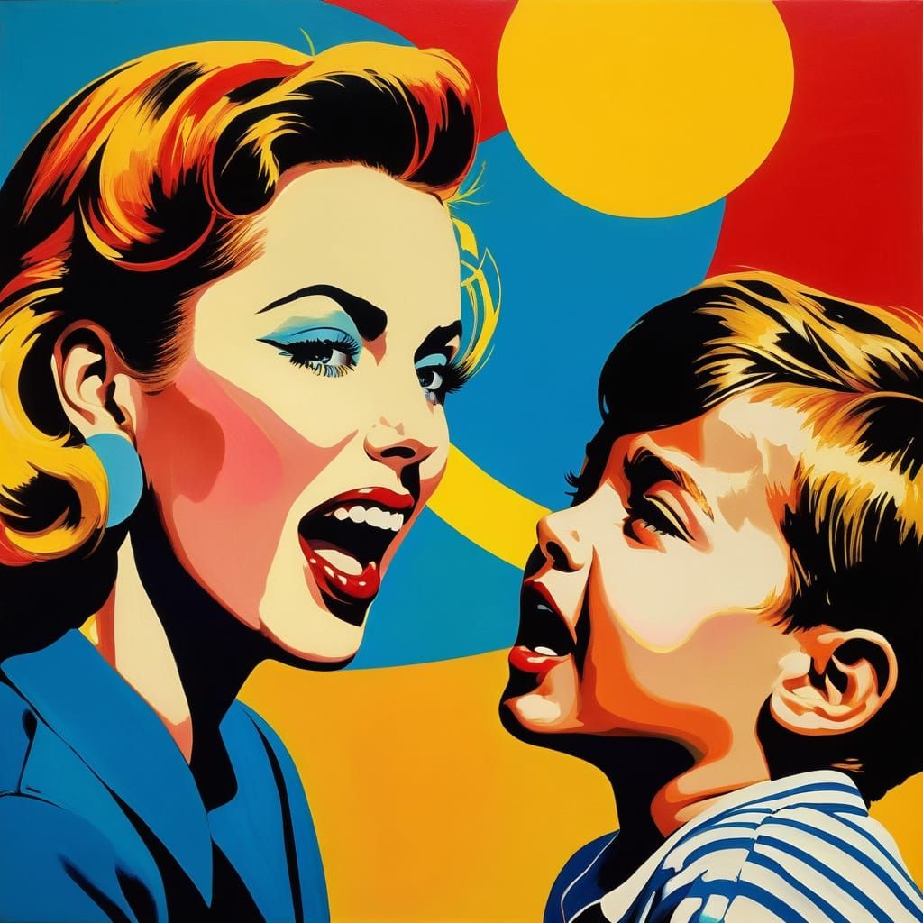 Retro Pop Art Portrait of Joyful Woman with Child in Sunlit ...