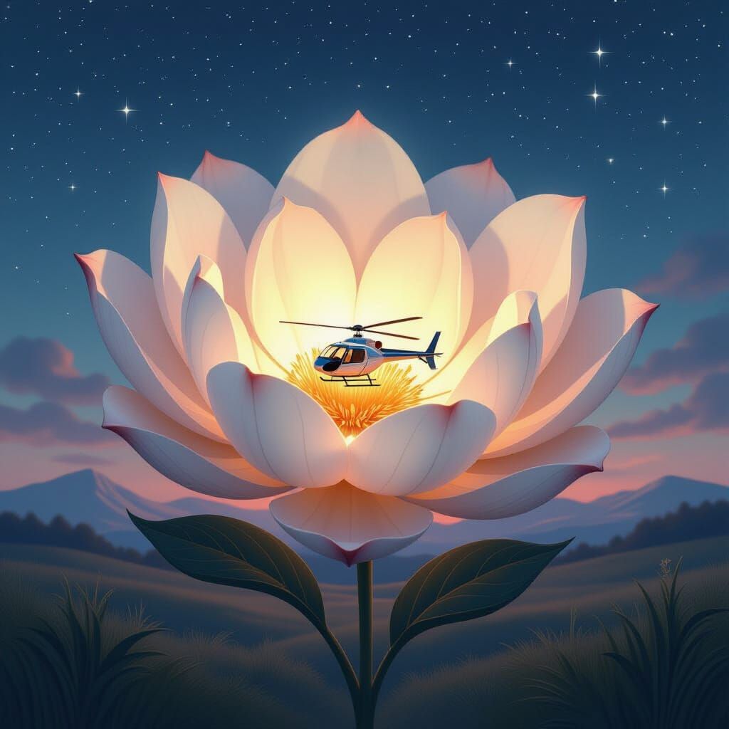 Giant Luminous Flower With Tiny Helicopter in Surreal Twilig...