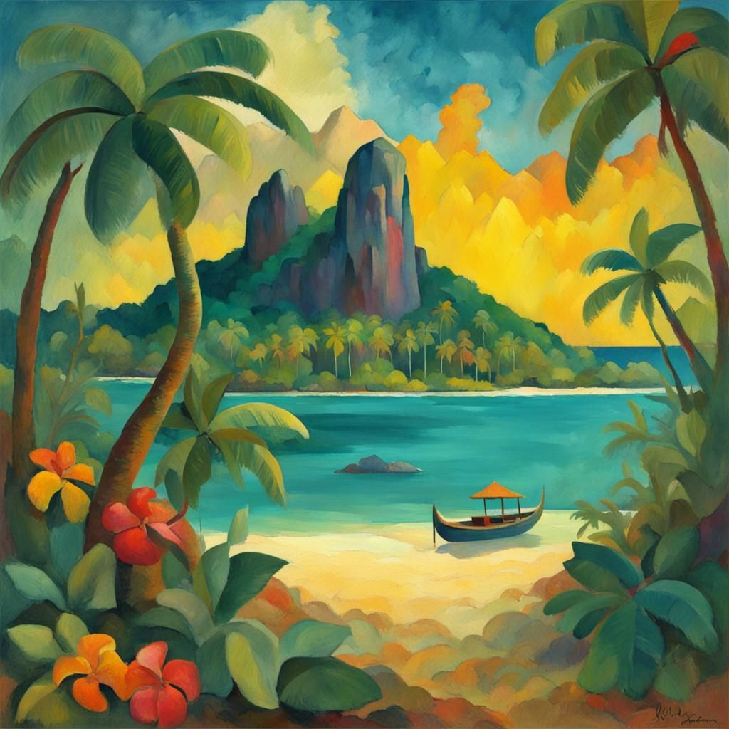 Tropical Island Painting in Gauguin Style
