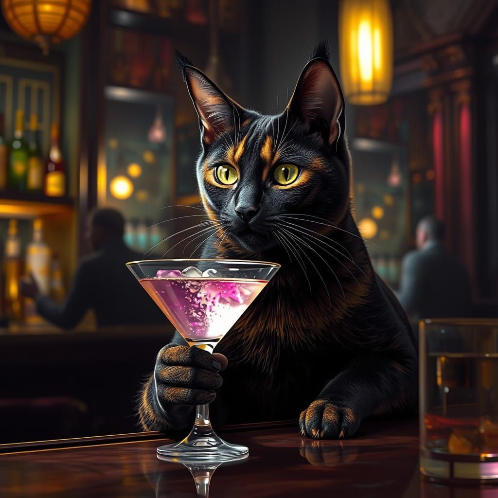 Dark Fantasy Cat Sipping Martini at Bar in Vibrant Colors