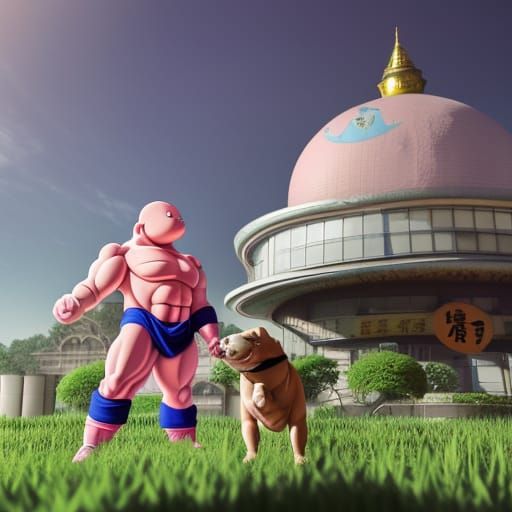 Majin Buu playing with his puppy, dome house in the background, dragonballz, 8k resolution concept art portrait by Akira...