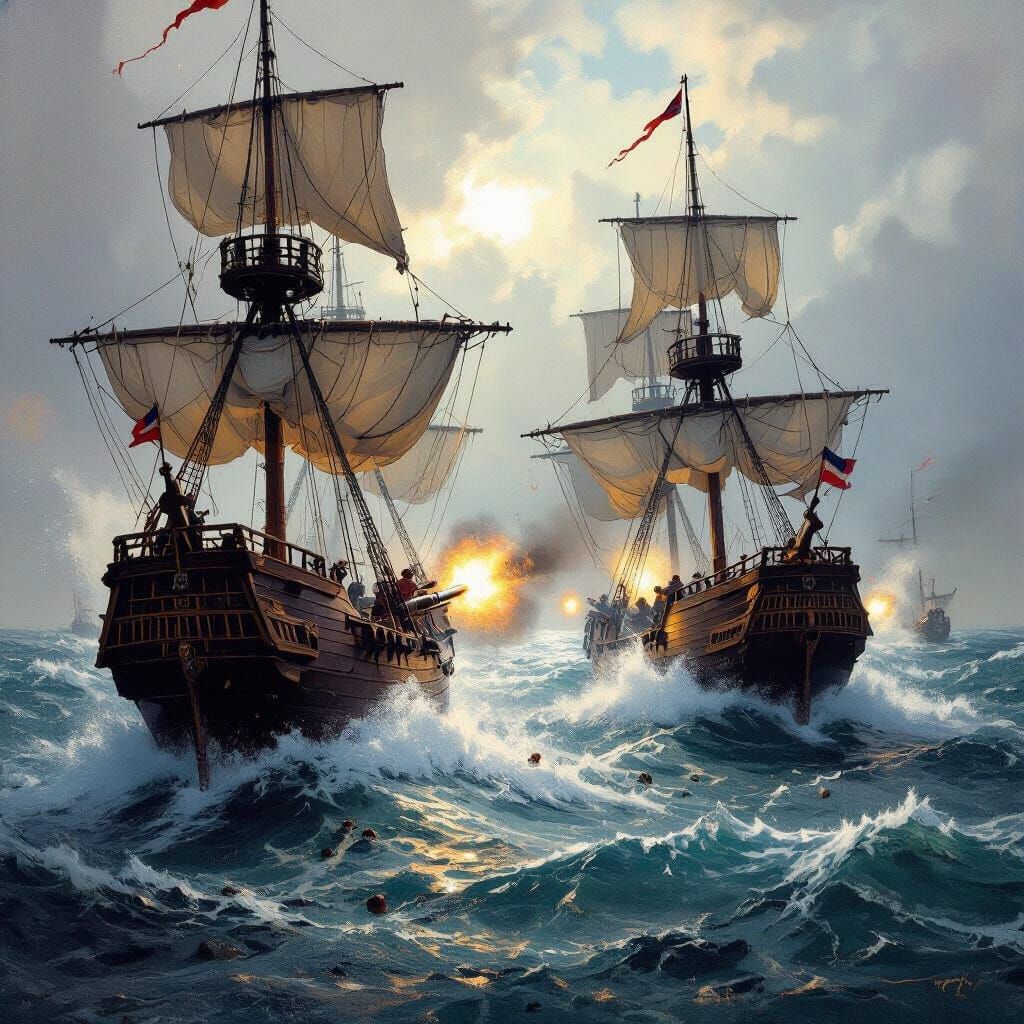 Galleons Battle at Sea in Painterly Style
