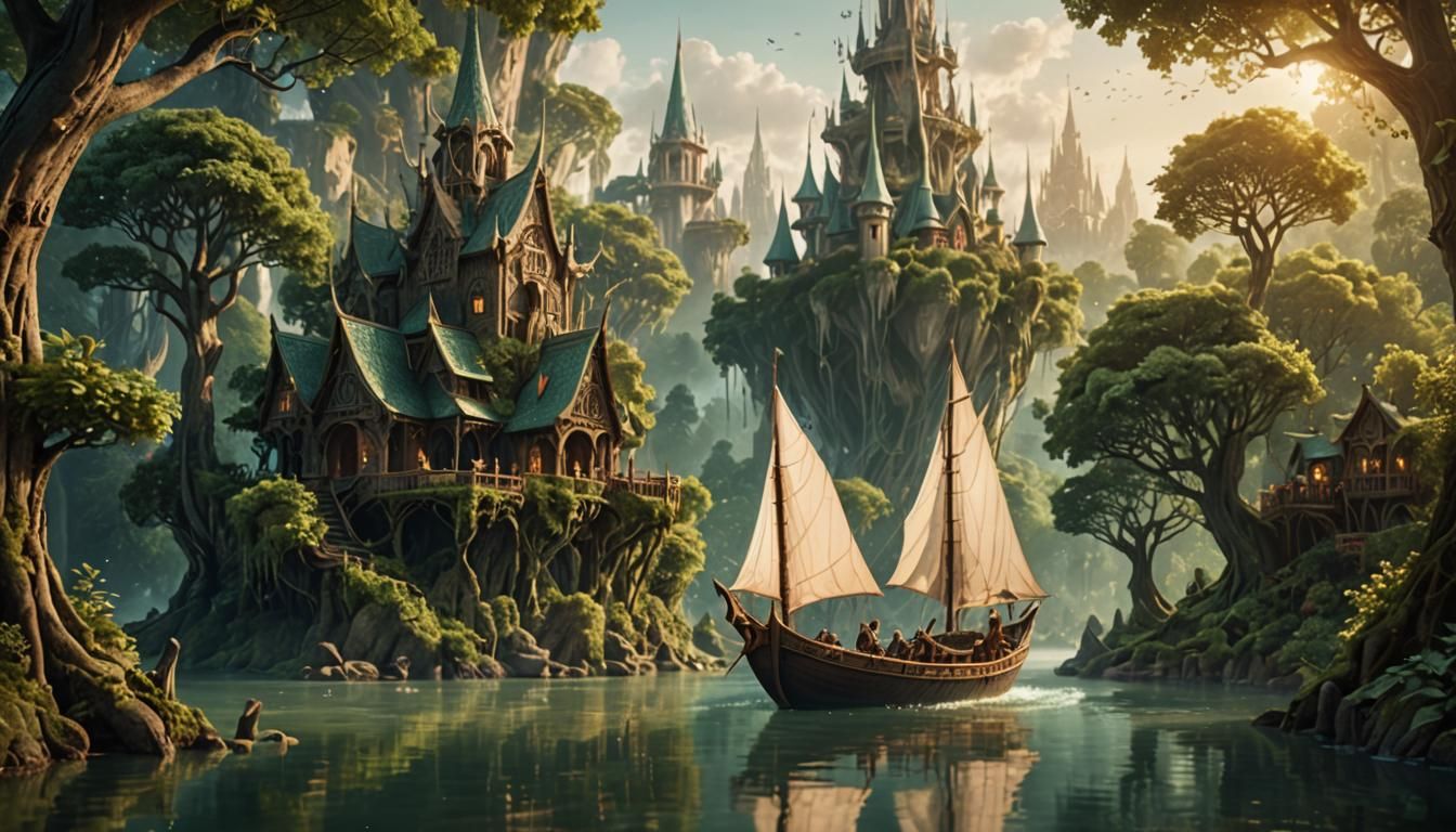 Ethereal Elven Boat Glides Down Forest River