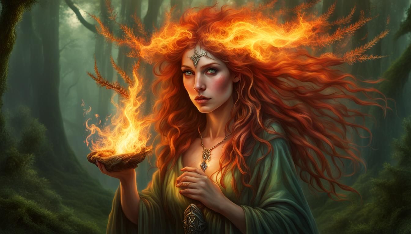 Druidic Sorceress Casting Spell in Magical Forest