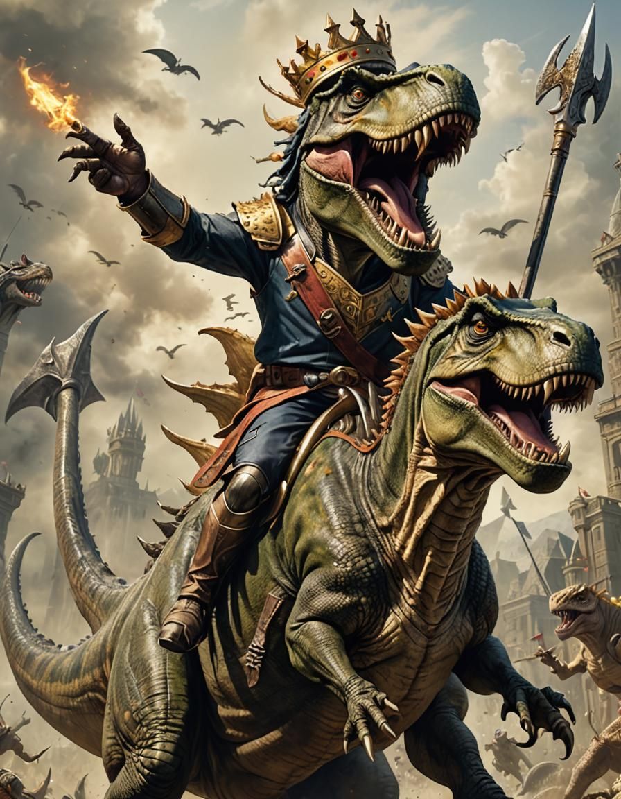King Rides T-Rex with Trident