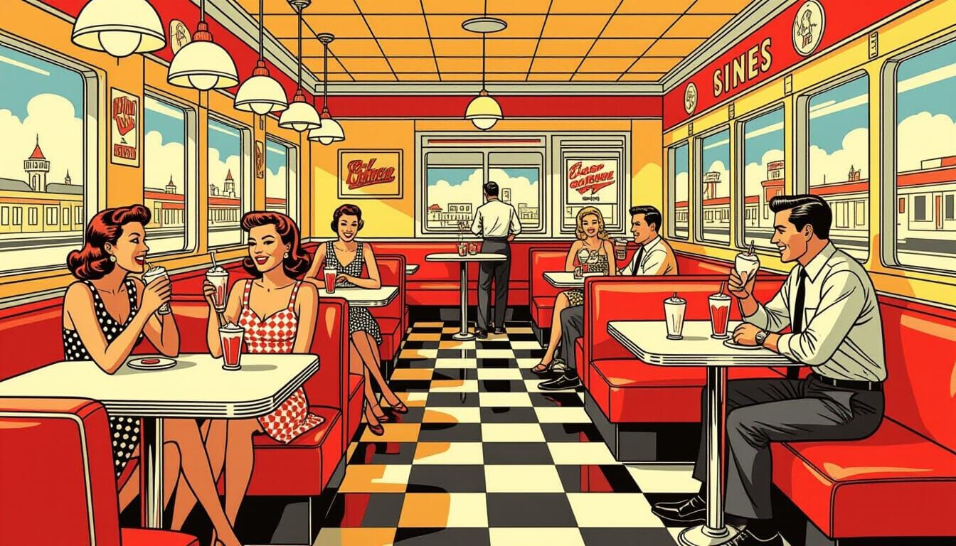 1950s Diner Scene in Vintage Comic Book Style