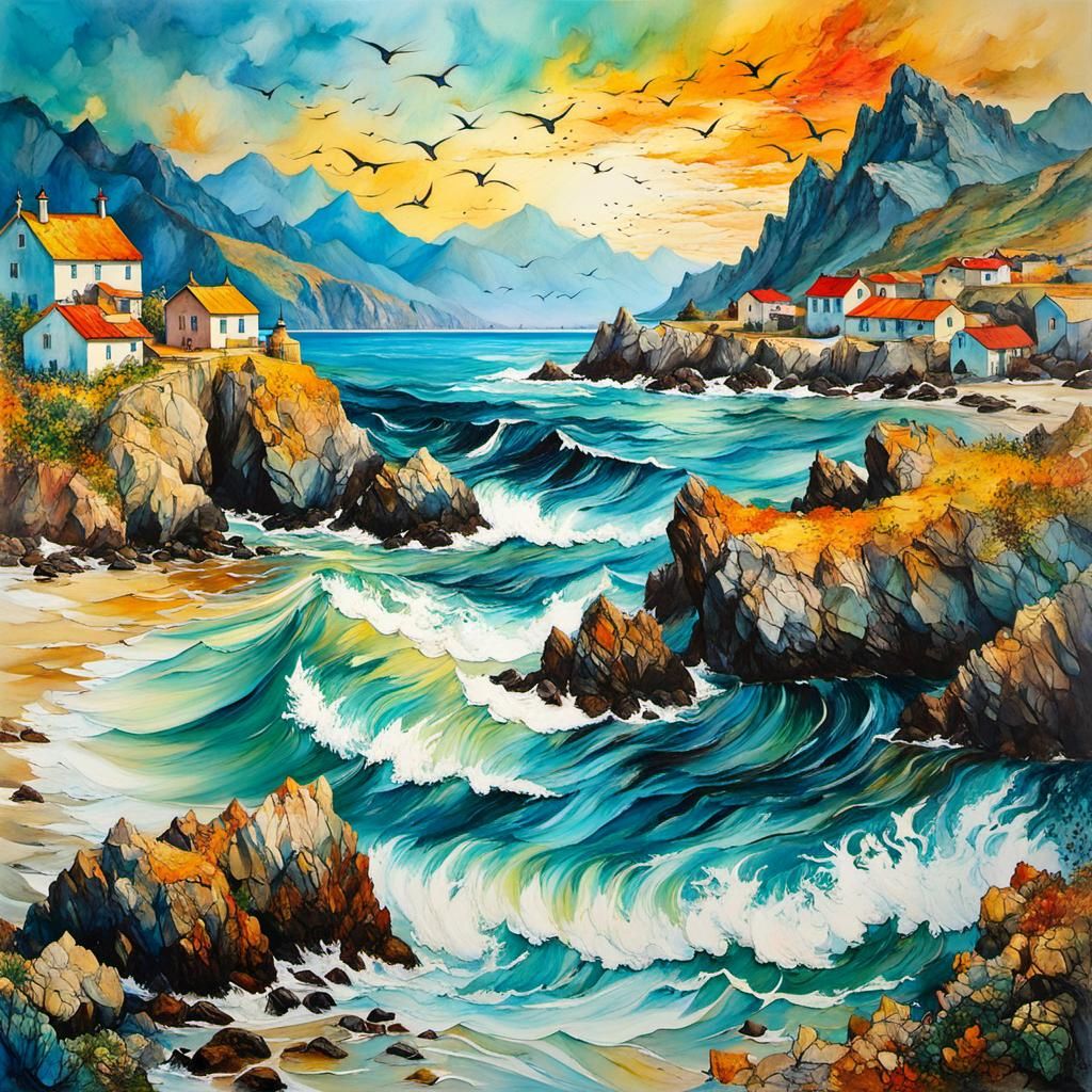 Coastal Village Sunset in Encaustic Alcohol Ink Style