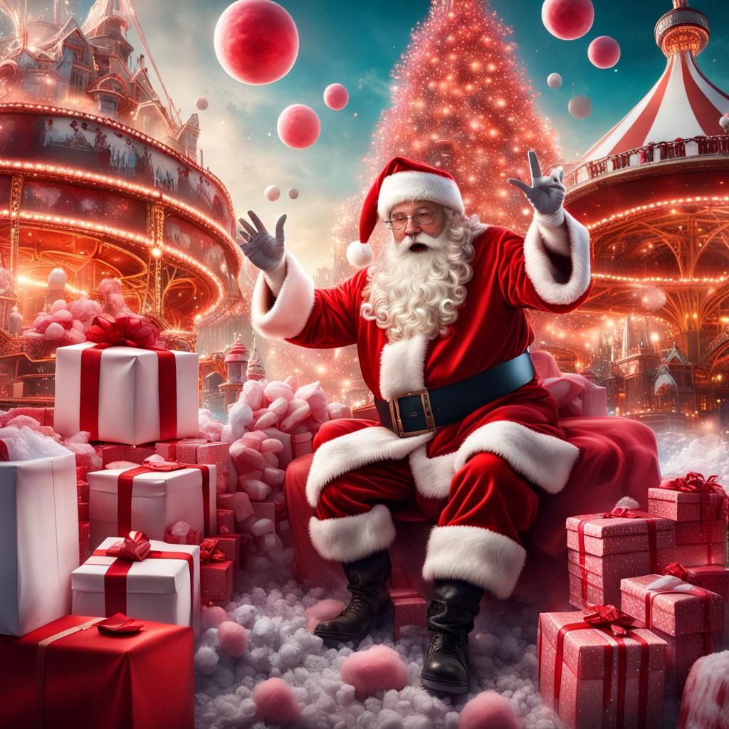 Santa Claus at Fun Fair in Hyperrealistic Style