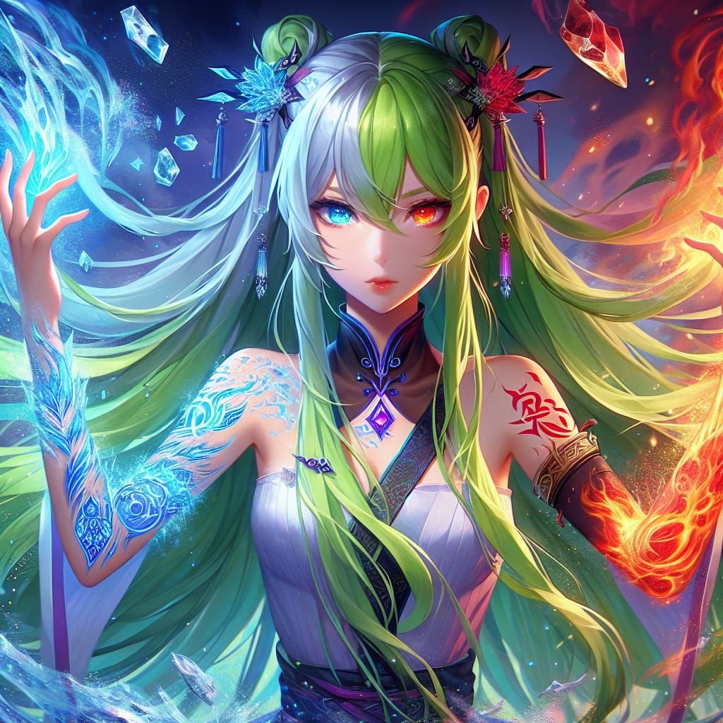 Anime Elementalist Activating Ice and Fire Powers