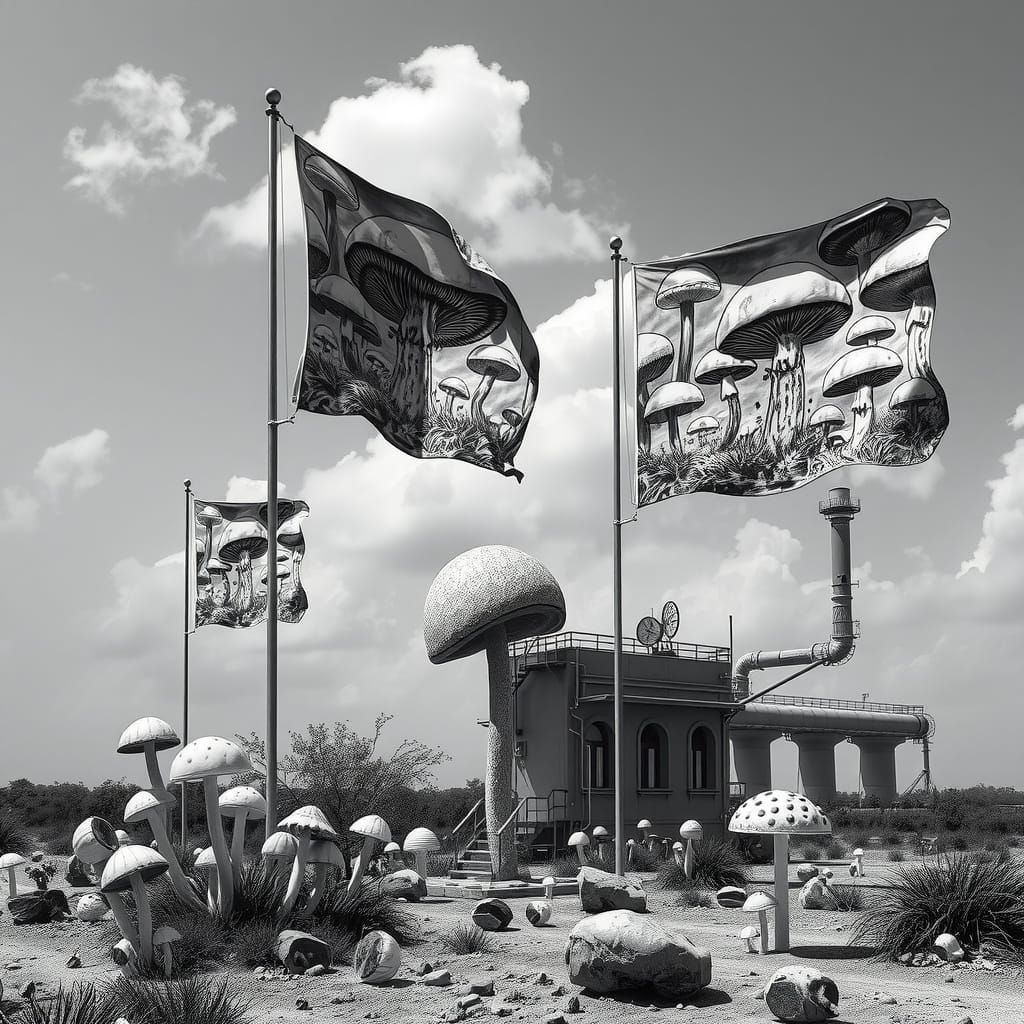 Dystopian Landscape with Mushroom Flags in Black and White