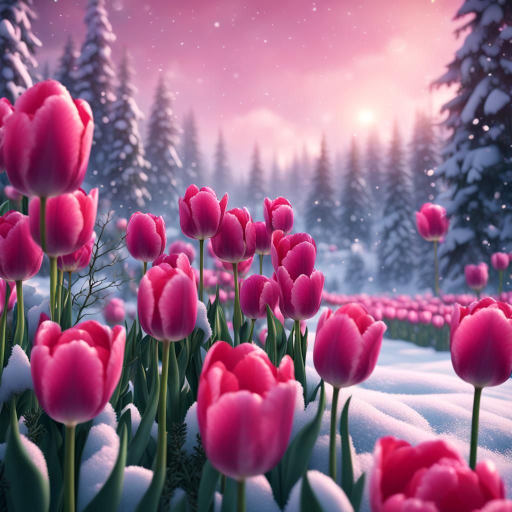 Macro Pink Tulips Against Winter Backdrop in Detailed Matte ...