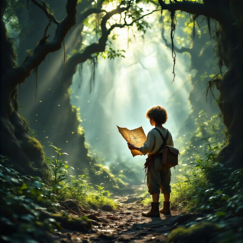 Boy With Map at Forest Edge in Fantasy Painting Style