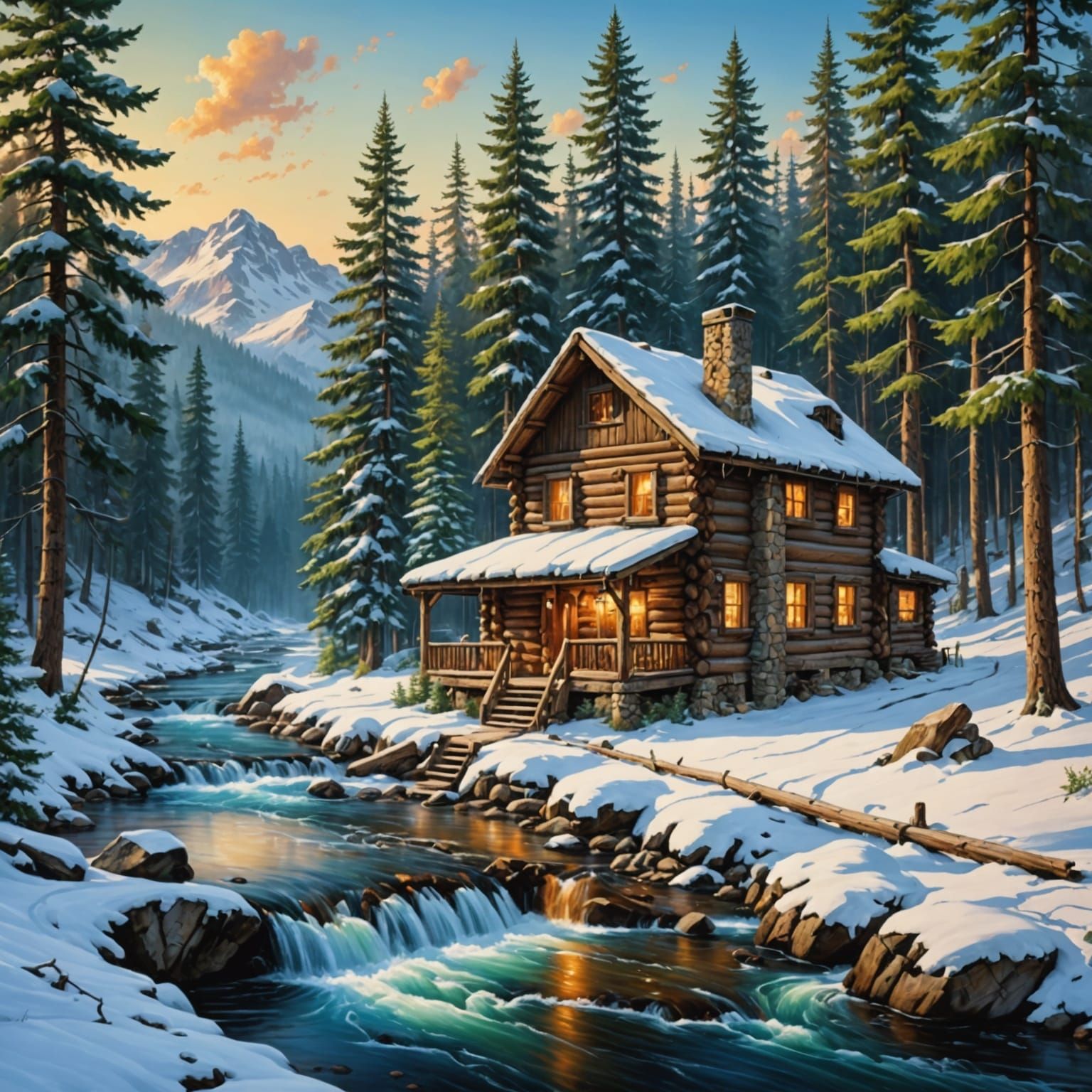 Winter Cabin by Stream: Digital Art Masterpiece