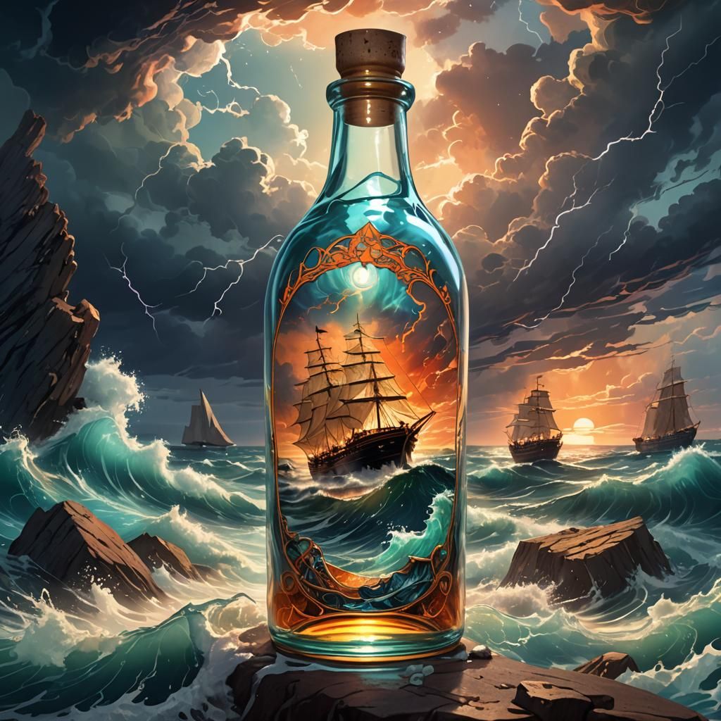 Stormy Ship in a Bottle: Art Nouveau Seascape