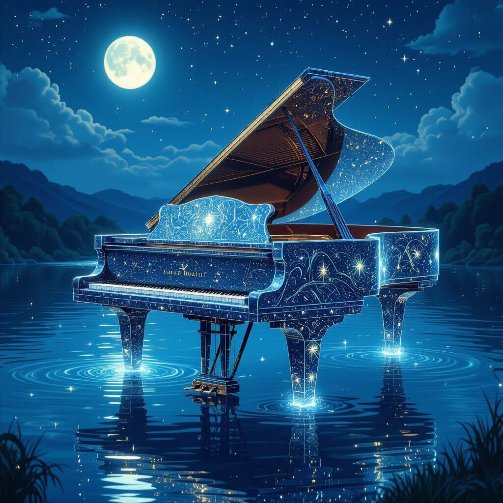 Bioluminescent Piano Cascades into Moonlit Lake: Dreamy Ambi...