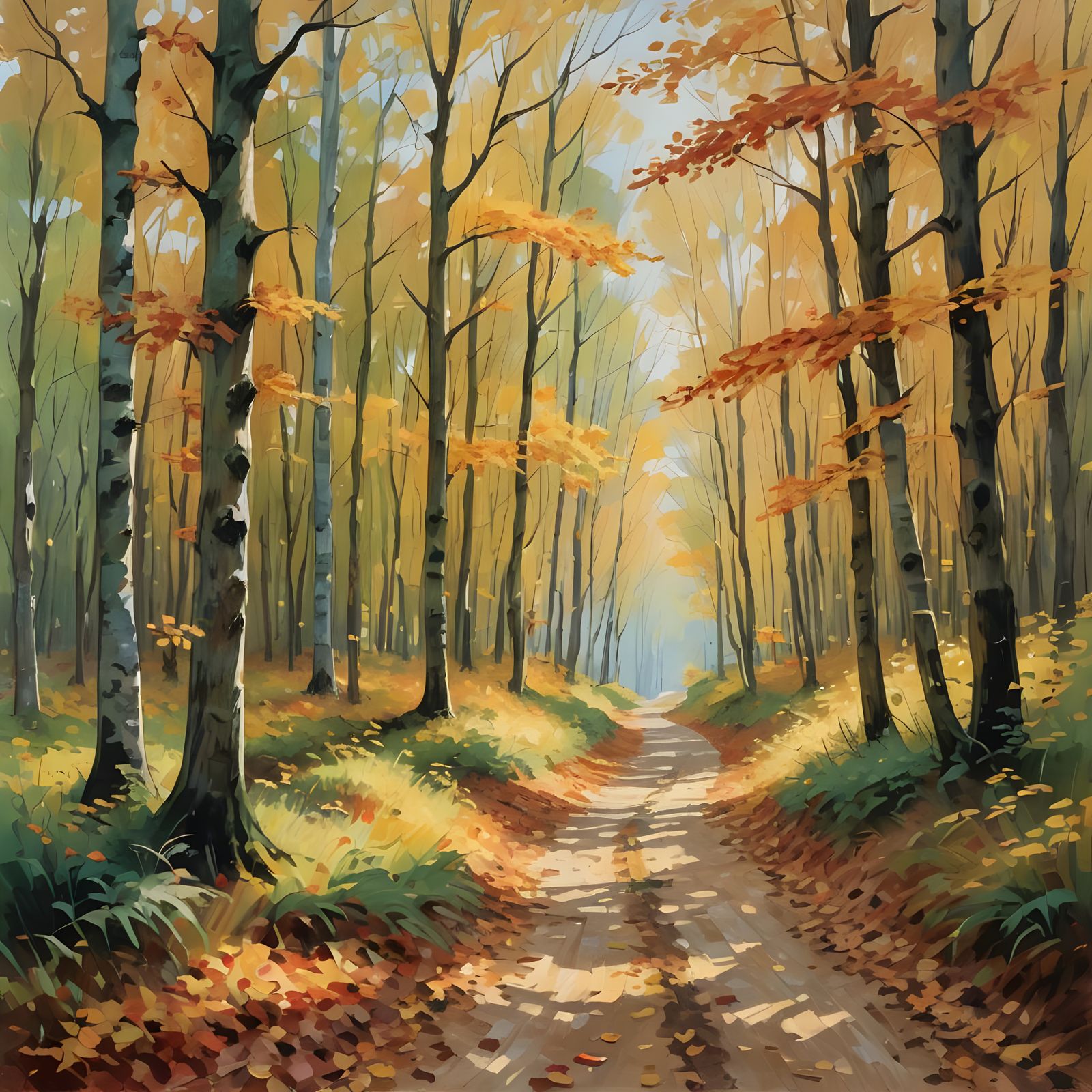 Autumn Evening Forest Path in Gouache Style