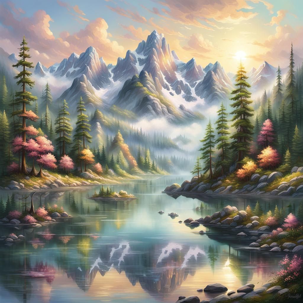 Lush Mountain Range in Sunlight: Realistic Landscape