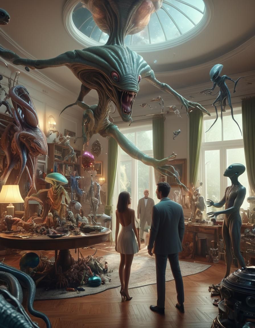 Luxury House Party with Aliens: Hyperrealistic Digital Art